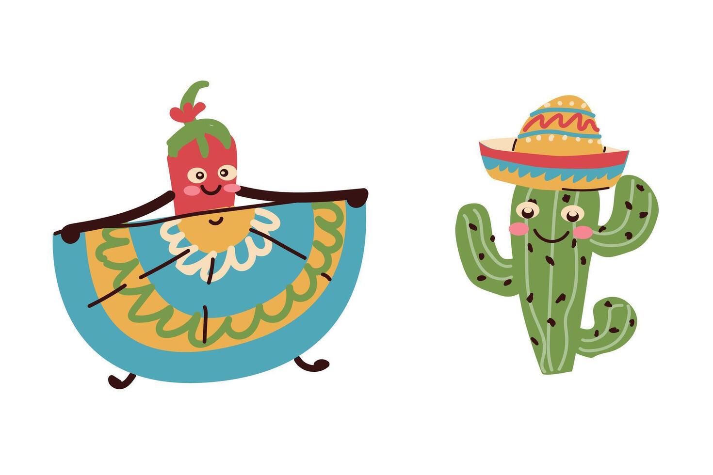 amusant, mignonne personnage Chili poivre dansant et cactus dans chapeau. pouvez utilisé pour cinco de mayo - mai 5, fédéral vacances dans Mexique. vecteur