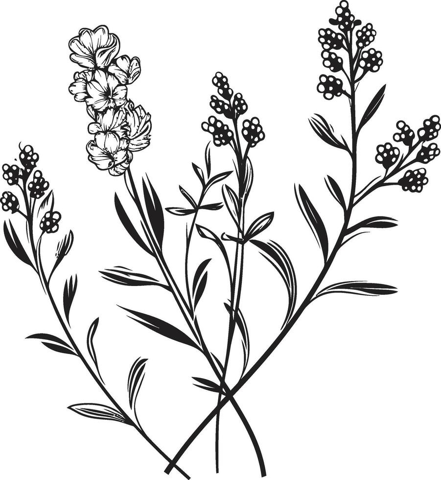 floral tapisserie monochromatique emblème illustrant botanique éléments pétales dans noir lisse noir icône mettant en valeur vecteur floral conception