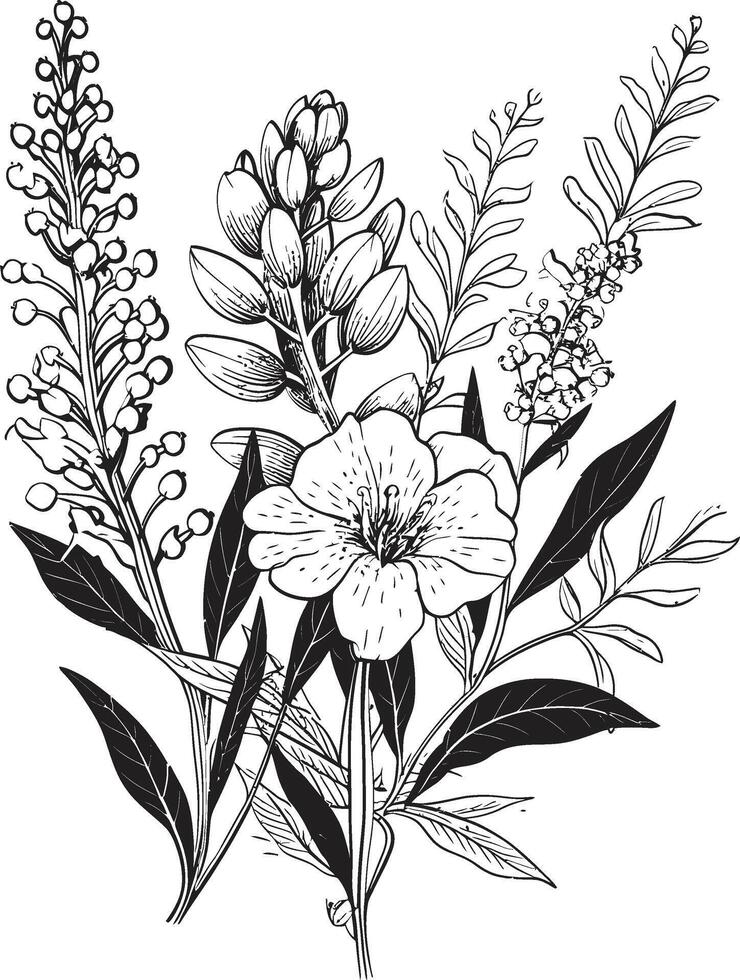 floral tapisserie monochromatique emblème de botanique éléments pétales dans noir lisse noir icône, vecteur floral conception