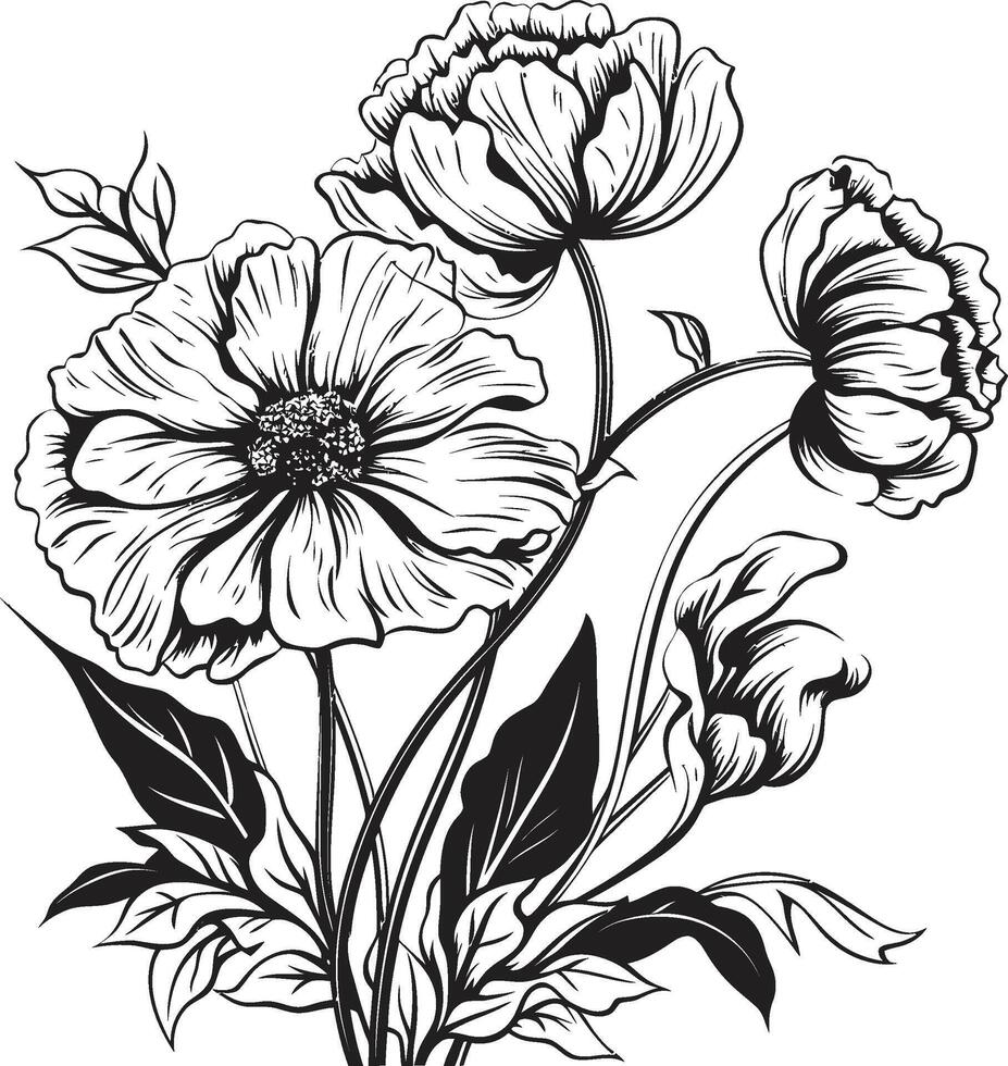 floral tapisserie monochromatique emblème avec botanique éléments pétales dans noir élégant noir icône mettant en valeur vecteur logo conception