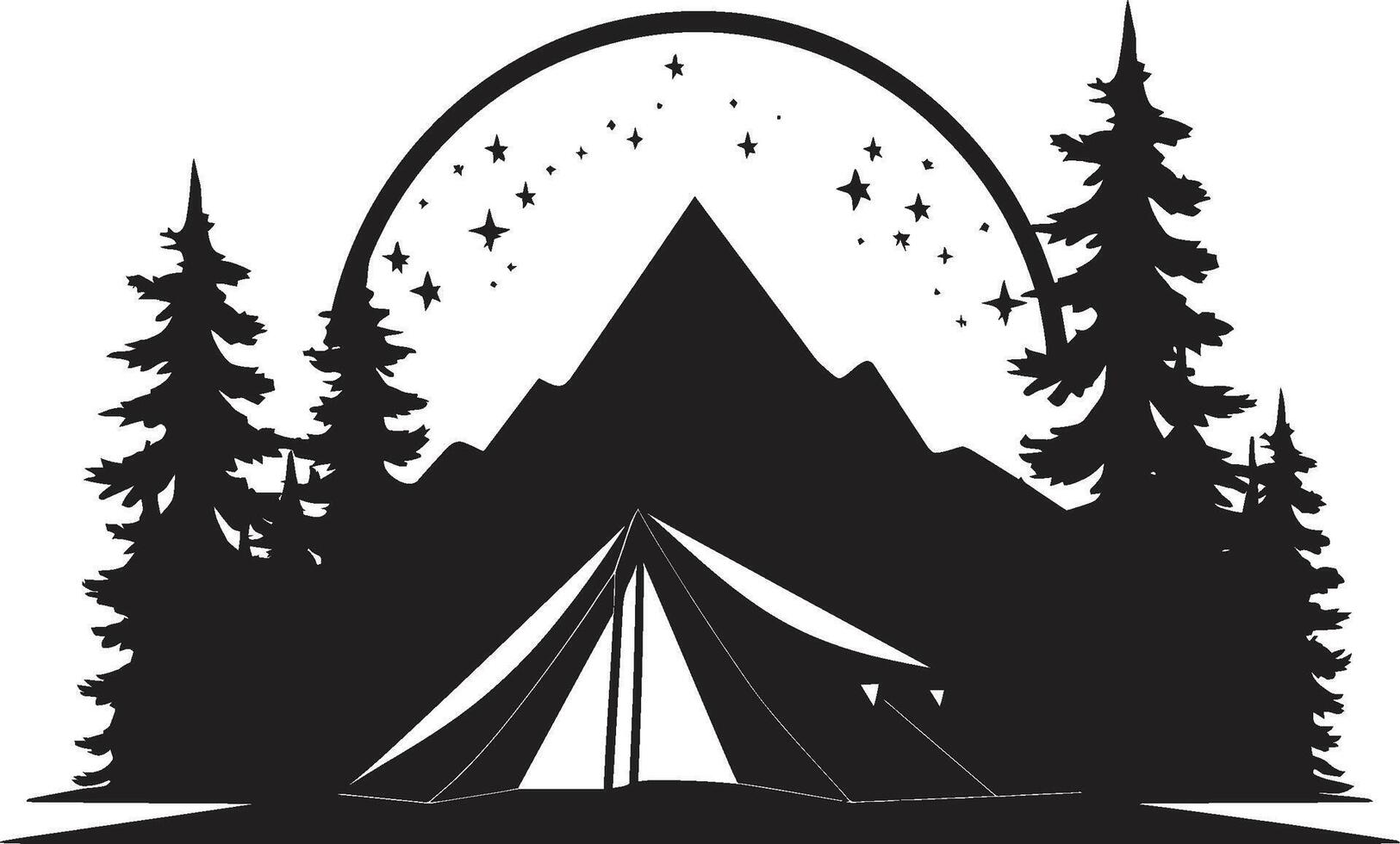 Montagne majesté lisse monochromatique emblème pour Extérieur passionnés étoilé sanctuaire noir vecteur camping logo conception icône pour la nuit félicité