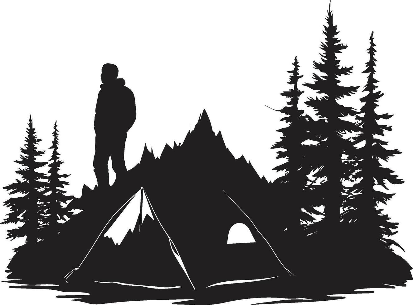 Montagne majesté lisse noir icône mettant en valeur vecteur camping conception étoilé sanctuaire monochrome emblème pour camping passionnés