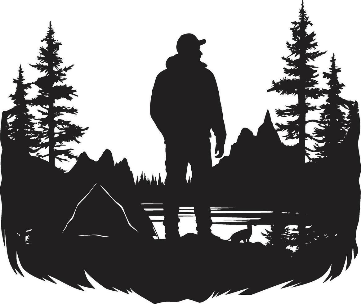 robuste expédition élégant camping icône dans monochromatique noir sérénade de le pins élégant noir icône avec vecteur logo pour camping
