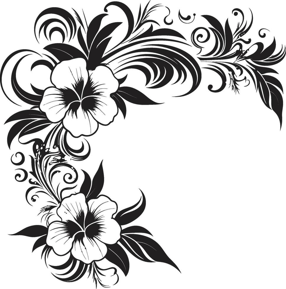 floral fantaisie élégant noir icône avec décoratif floral conception botanique prime monochrome emblème avec décoratif coins vecteur