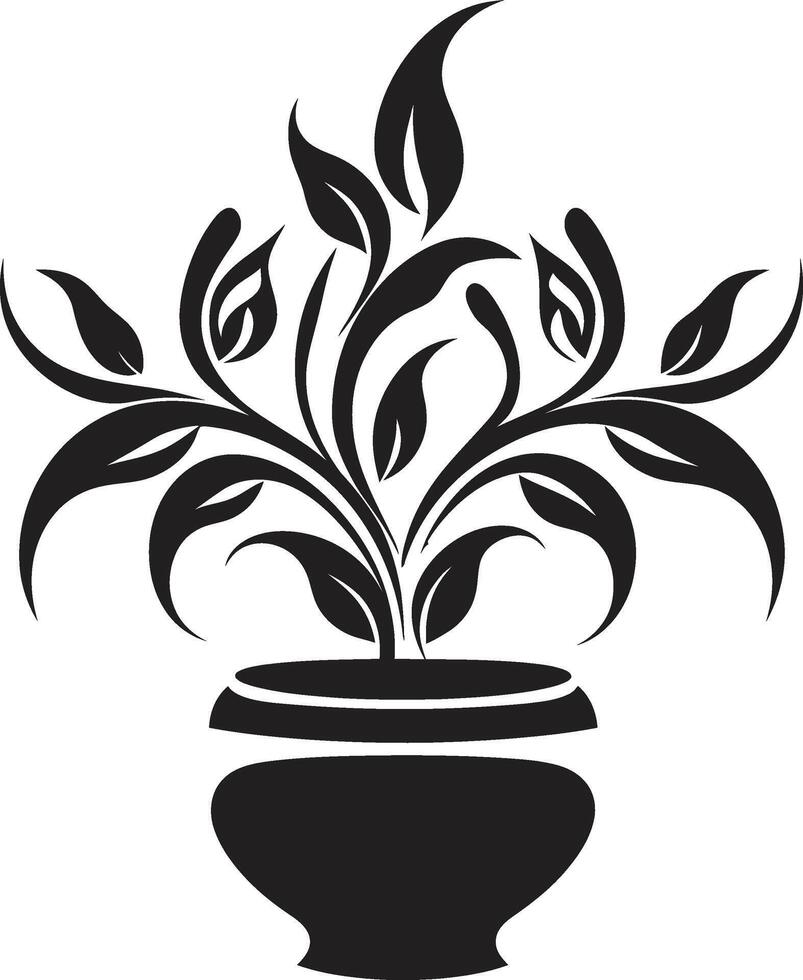 pétales dans poterie monochrome plante pot logo avec élégant élégance biologique oasis élégant noir vecteur icône avec décoratif plante pot