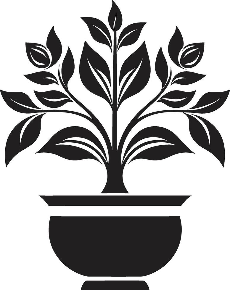 pétale pot-pourri élégant noir vecteur emblème mise en évidence plante pot vert harmonie lisse logo conception avec décoratif plante pot dans noir