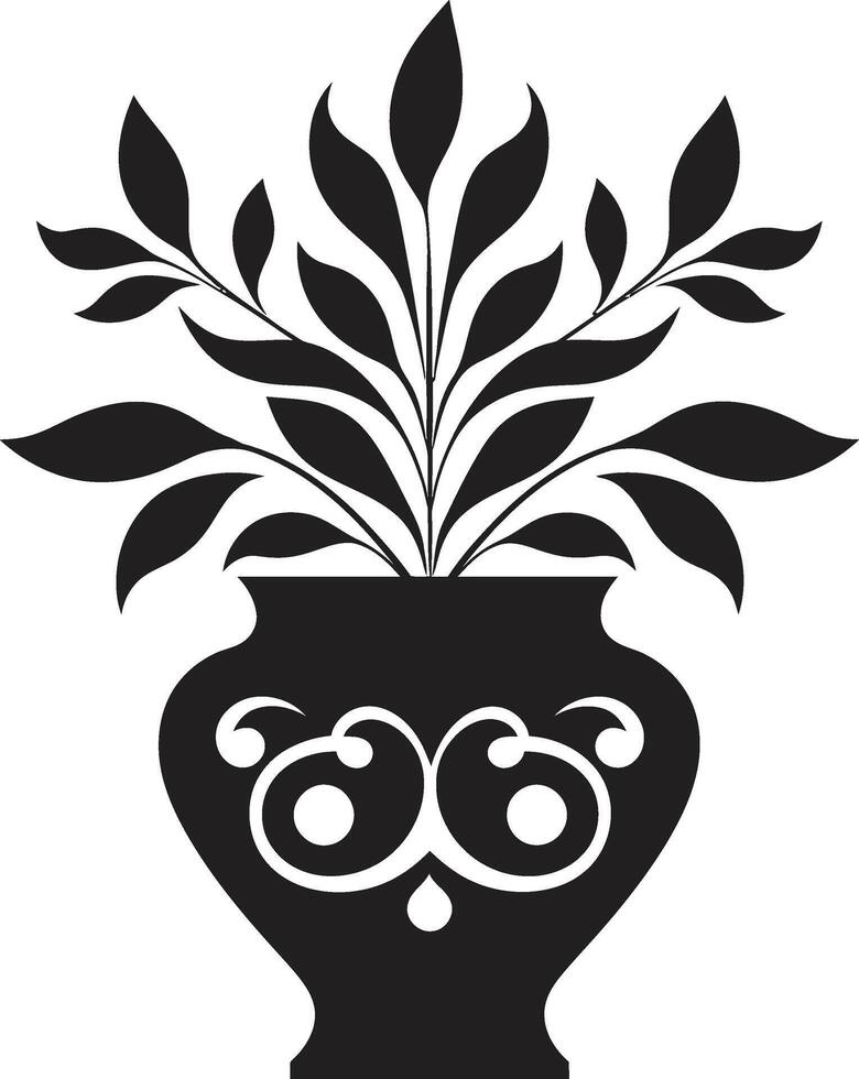 biologique oasis élégant noir icône avec décoratif plante pot floral cadre élégant vecteur plante pot logo dans noir