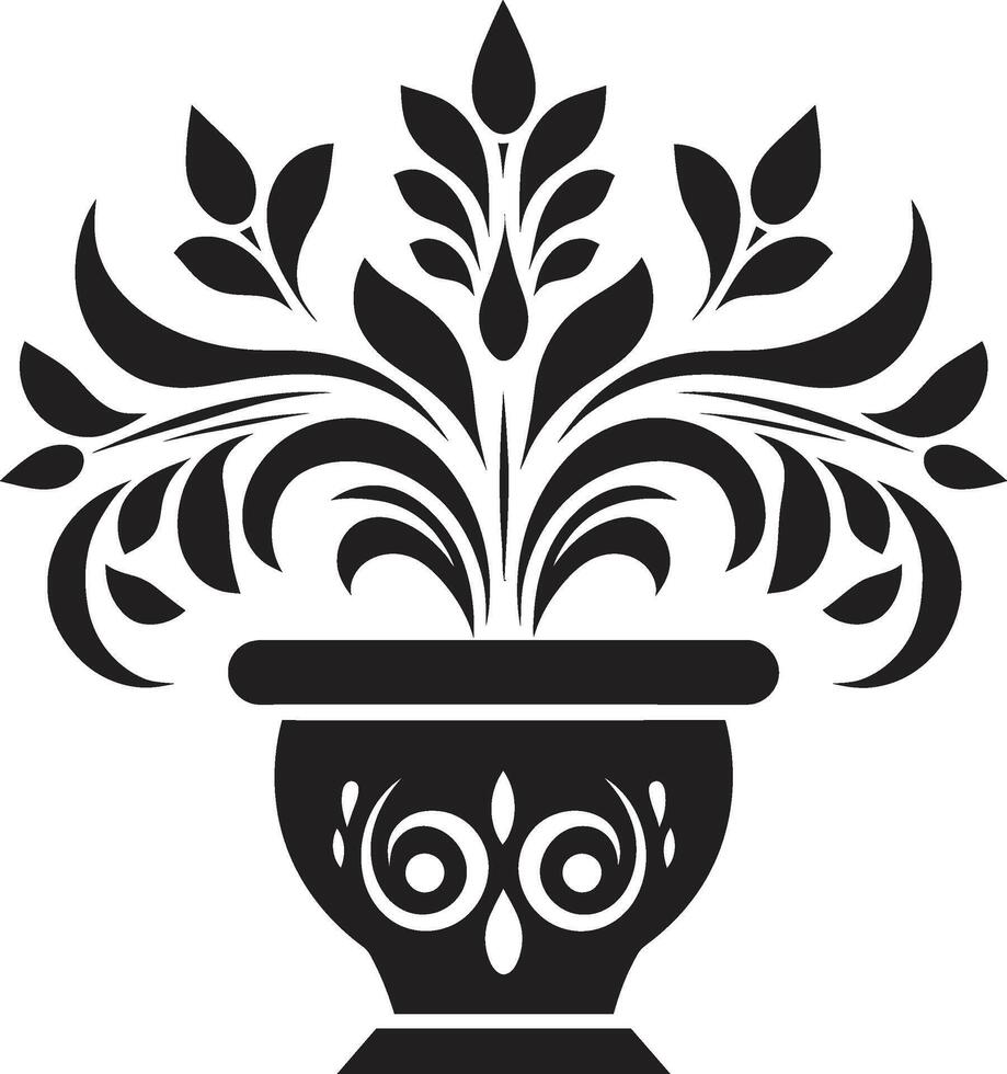 floral la fusion lisse noir logo avec élégance de plante pot mis en pot panache monochrome emblème avec élégant décoratif plante pot vecteur