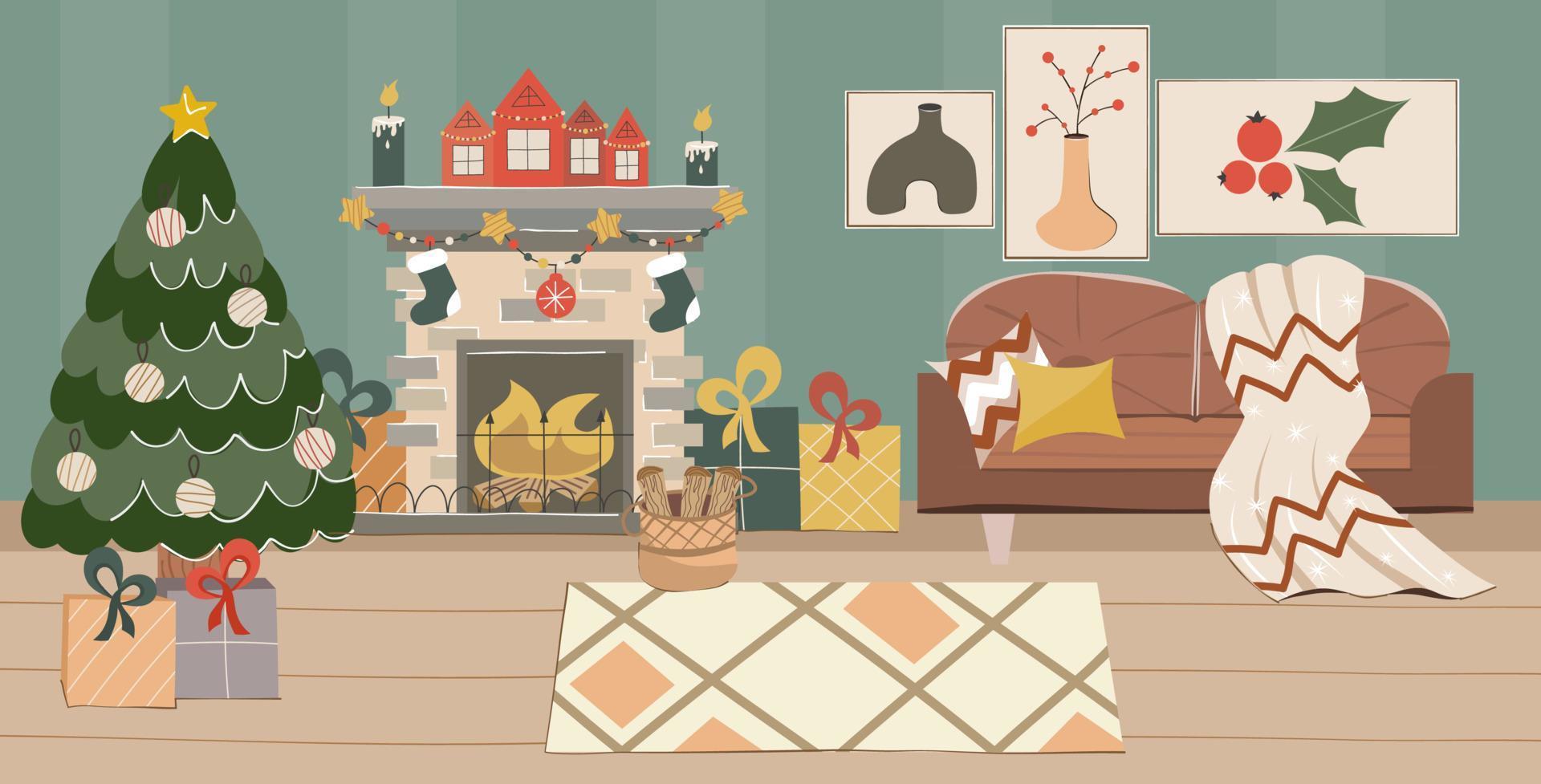 salon de noël confortable avec sapin de noël, cheminée et canapé de style scandinave. décorations du nouvel an, guirlandes, chaussettes et cadeaux dans la chambre. illustration vectorielle dans un style plat dessiné à la main. vecteur