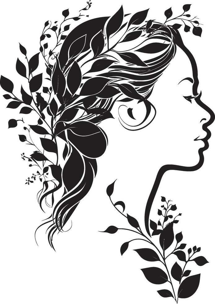 éternel Floraison féminin essence dans noir floral femme visage conception subtil pétales vecteur noir logo représentant une délicat les femmes visage