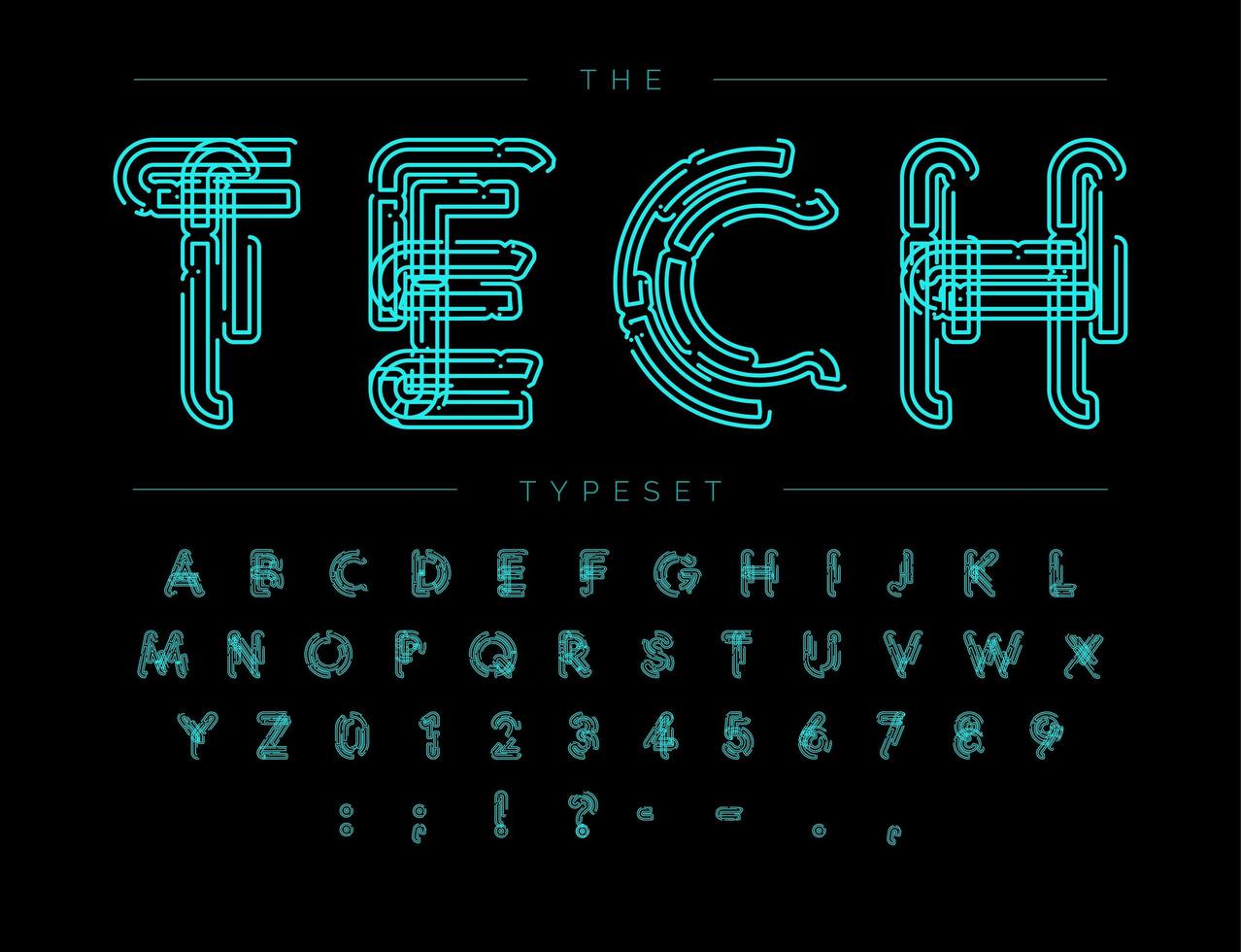 police de cyber-technologie. alphabet de vecteur de style de schéma de contour. lettres et chiffres pour le produit numérique, le logo du système de sécurité, la bannière, le monogramme et l'affiche. conception de composition.