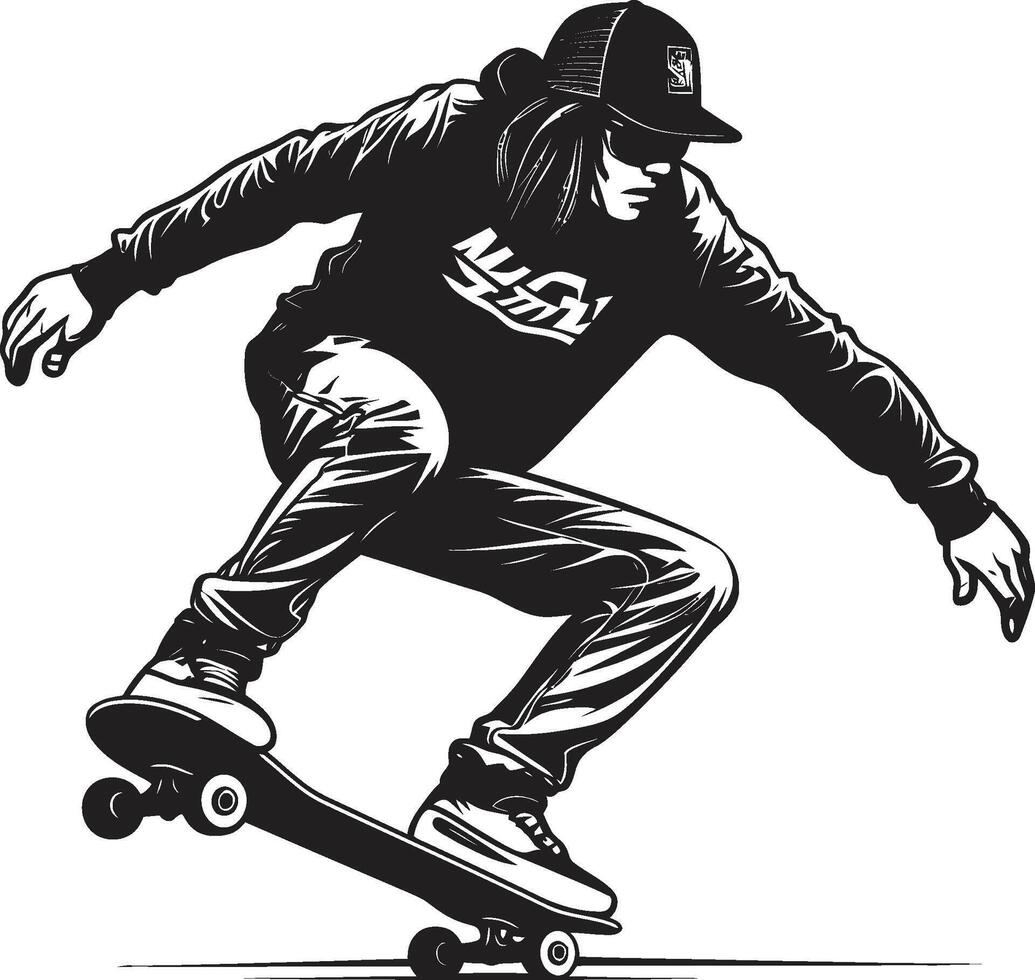 rue styliste énervé noir logo avec une homme sur une planche à roulette icône béton connaisseur noir symbole avec une qualifié skateur vecteur