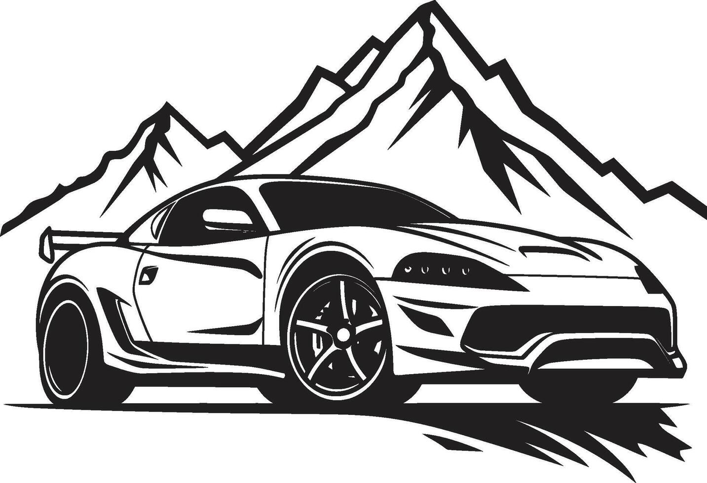 Montagne majesté dynamique noir symbole avec des sports voiture icône sur courbée routes crête coureur noir logo conception avec iconique des sports voiture sur montagneux terrain vecteur