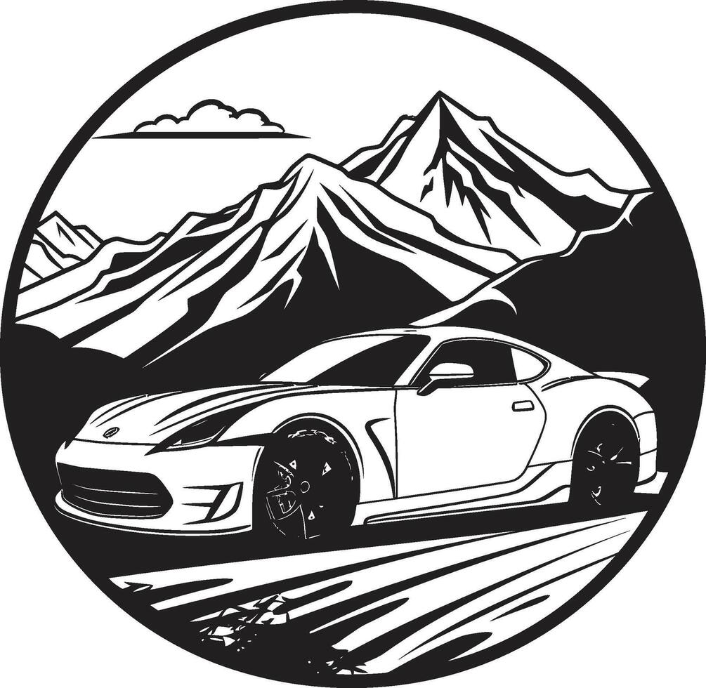 alpin adrénaline vecteur icône de une des sports voiture courses sur noir logo Montagne majesté dynamique noir symbole avec des sports voiture icône sur courbée routes