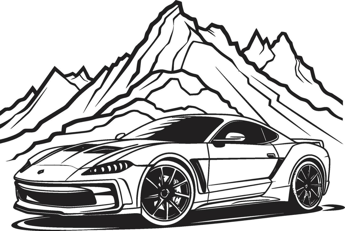 épique élévation noir logo conception mettant en valeur une des sports voiture conquête alpin Montagne itinéraires montagnes harmonie vecteur icône de une des sports voiture glissement par scénique noir Montagne routes