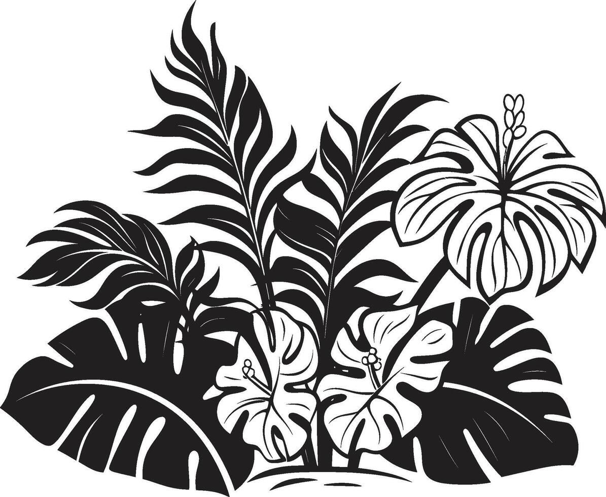 tropique élégance iconique symbole dans noir avec plante feuilles et fleur vecteurs île Floraison lisse vecteur icône symbolisant tropical plante feuilles et fleurs dans noir