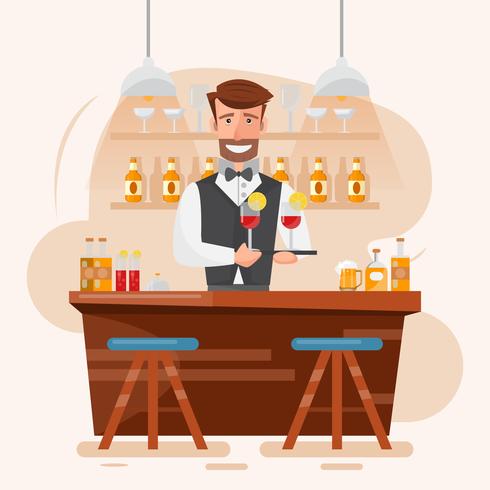 barman homme chic, tenant un cocktail et des boissons dans un bar de nuit. vecteur