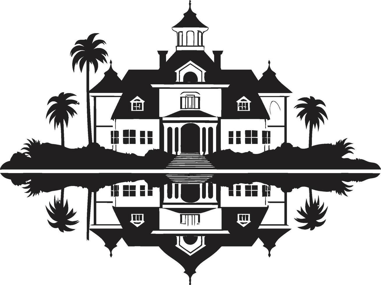 métropolitain battre en retraite crête moderne villa silhouette dans élégant emblème ciel haute résidences badge panoramique vue logo de une moderne villa vecteur