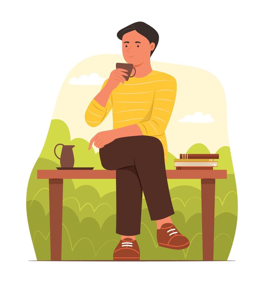 homme séance sur banc et relaxant avec en buvant dans jardin vecteur