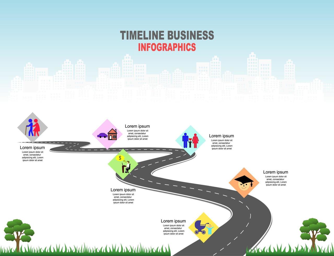 chronologie infographique de modèle vectoriel de la vie humaine avec des drapeaux et des espaces réservés sur les routes courbes. symboles, étapes pour une planification d'entreprise réussie adaptée à la publicité et aux présentations.