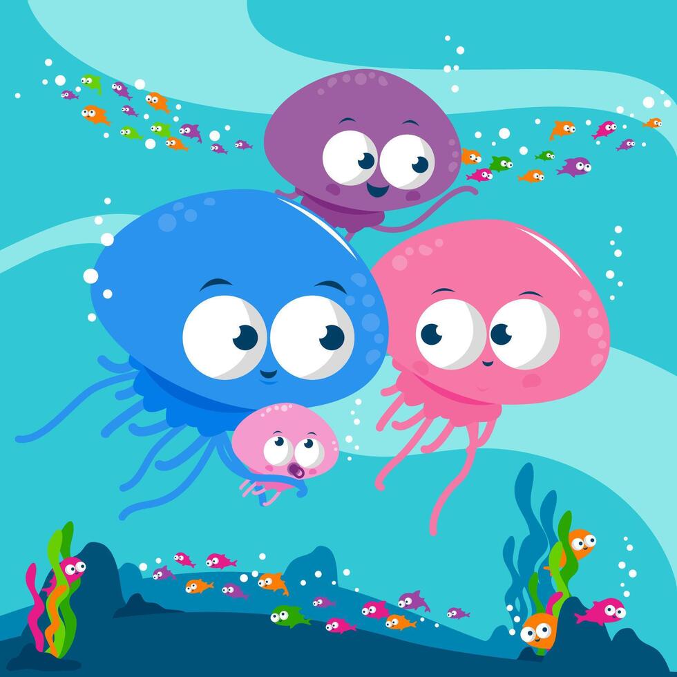 méduse nager sous-marin. mignonne dessin animé mer animaux en dessous de le mer sol. vecteur illustration