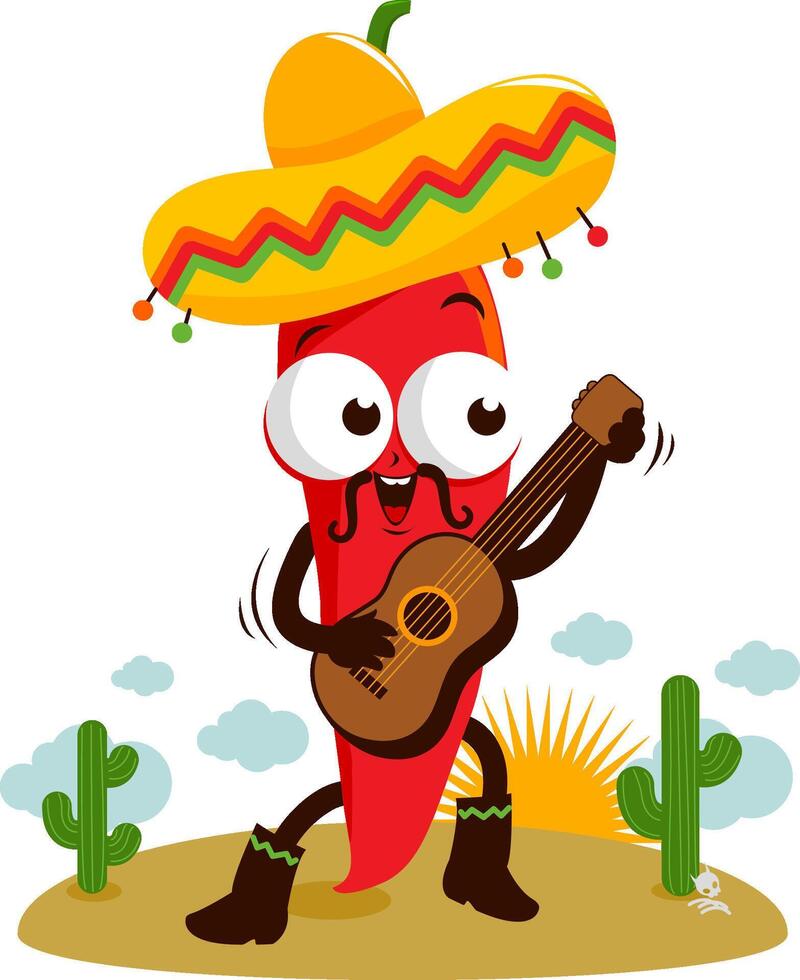 mexicain mariachi le Chili poivre en jouant le guitare dans le désert. dessin animé jalapeno poivre. vecteur illustration