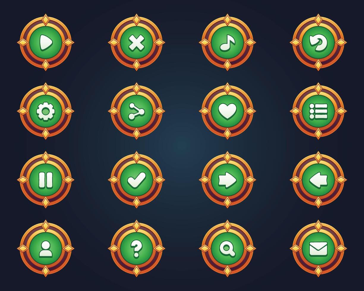 ensemble de vert boutons pour mobile Jeux Jeu interface dessin animé ui boutons ensemble Jeu ui boutons trousse vecteur