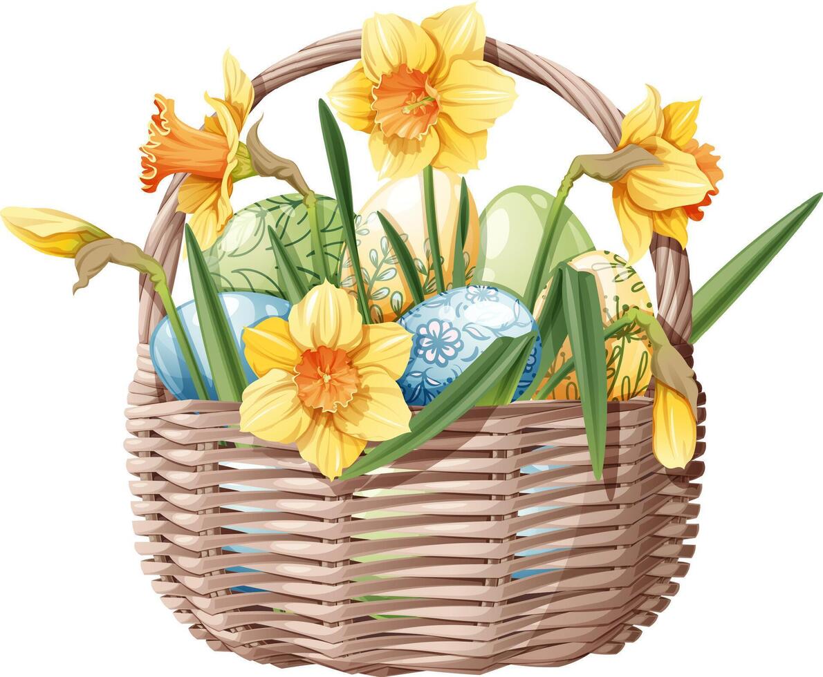 panier avec Pâques des œufs et jonquilles sur un isolé Contexte. vecteur illustration pour content Pâques. Pâques clipart pour cartes, autocollants, etc.