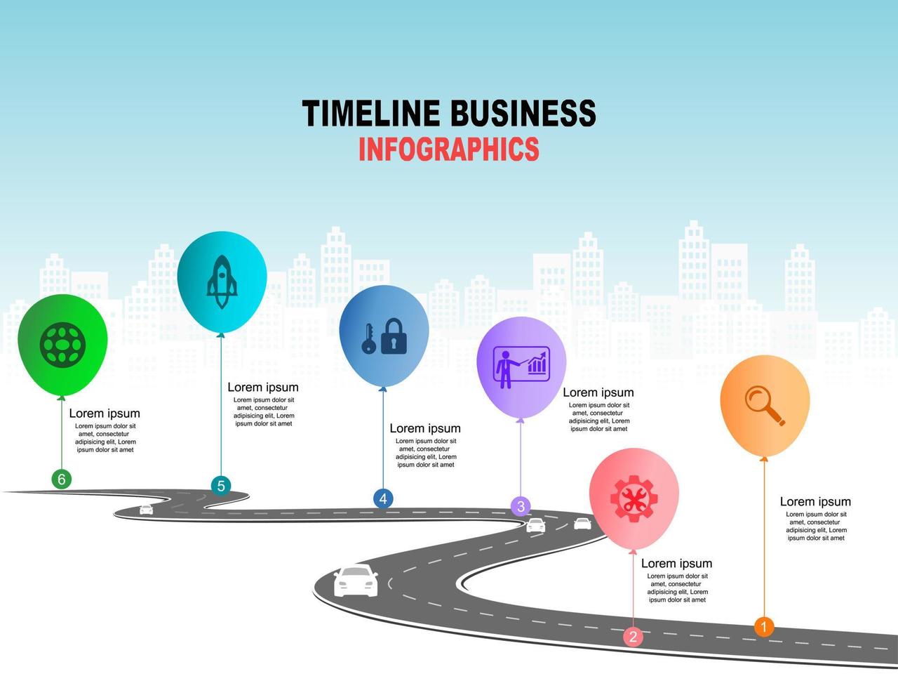 chronologie infographique de modèle vectoriel des opérations commerciales avec des drapeaux et des espaces réservés sur les routes courbes. symboles, étapes pour une planification d'entreprise réussie adaptée à la publicité et aux présentations