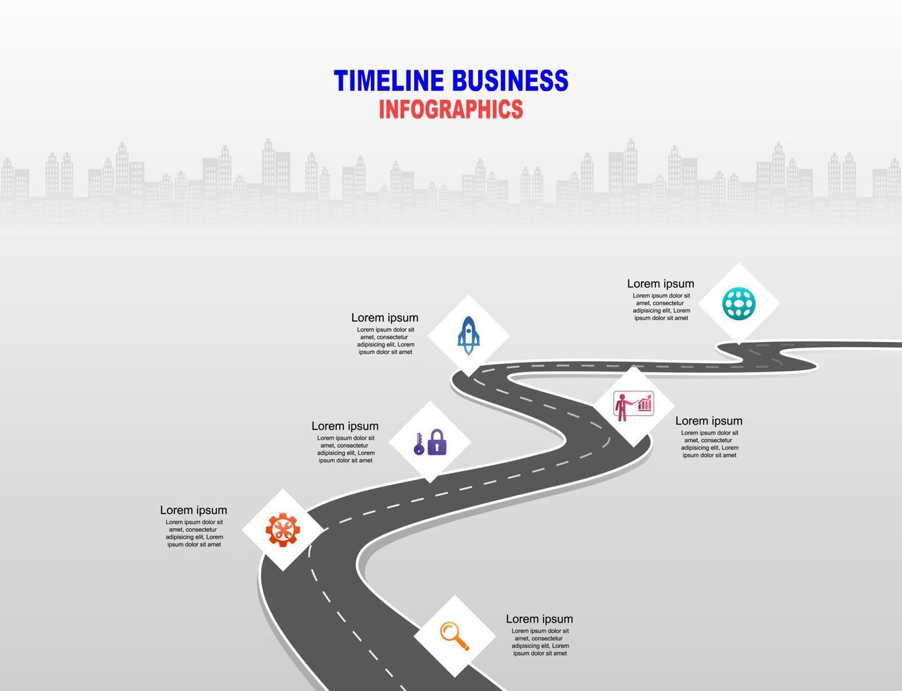 chronologie infographique de modèle vectoriel des opérations commerciales avec des drapeaux et des espaces réservés sur les routes courbes. symboles, étapes pour une planification d'entreprise réussie adaptée à la publicité et aux présentations