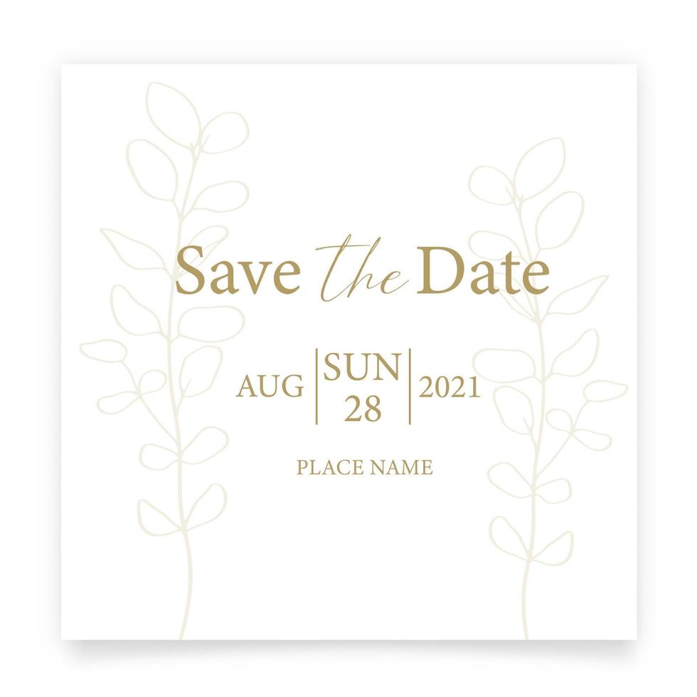 enregistrer la carte de date. modèle d'invitation de mariage, avec des feuilles d'eucalyptus en ligne. style minimalisme. vecteur