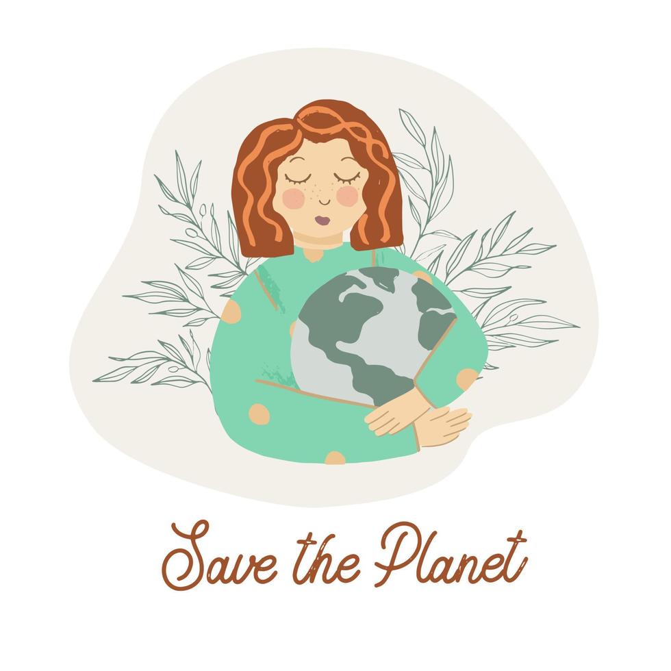 sauver la planète. Jour de la Terre. jeune femme embrasse la planète terre verte avec soin et amour. modèle vectoriel pour carte, affiche, bannière, élément de conception de flyer.
