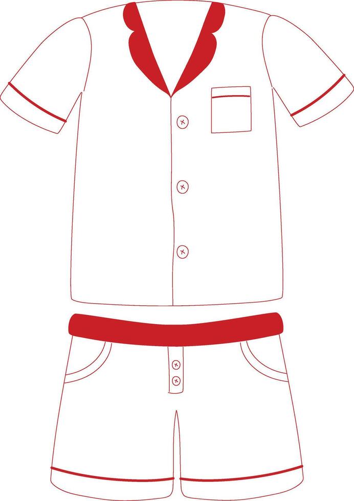 femmes pyjama ensemble ligne dessin dans blanc et rouge couleurs. femelle vêtement de nuit avec chemise et short modèle vecteur