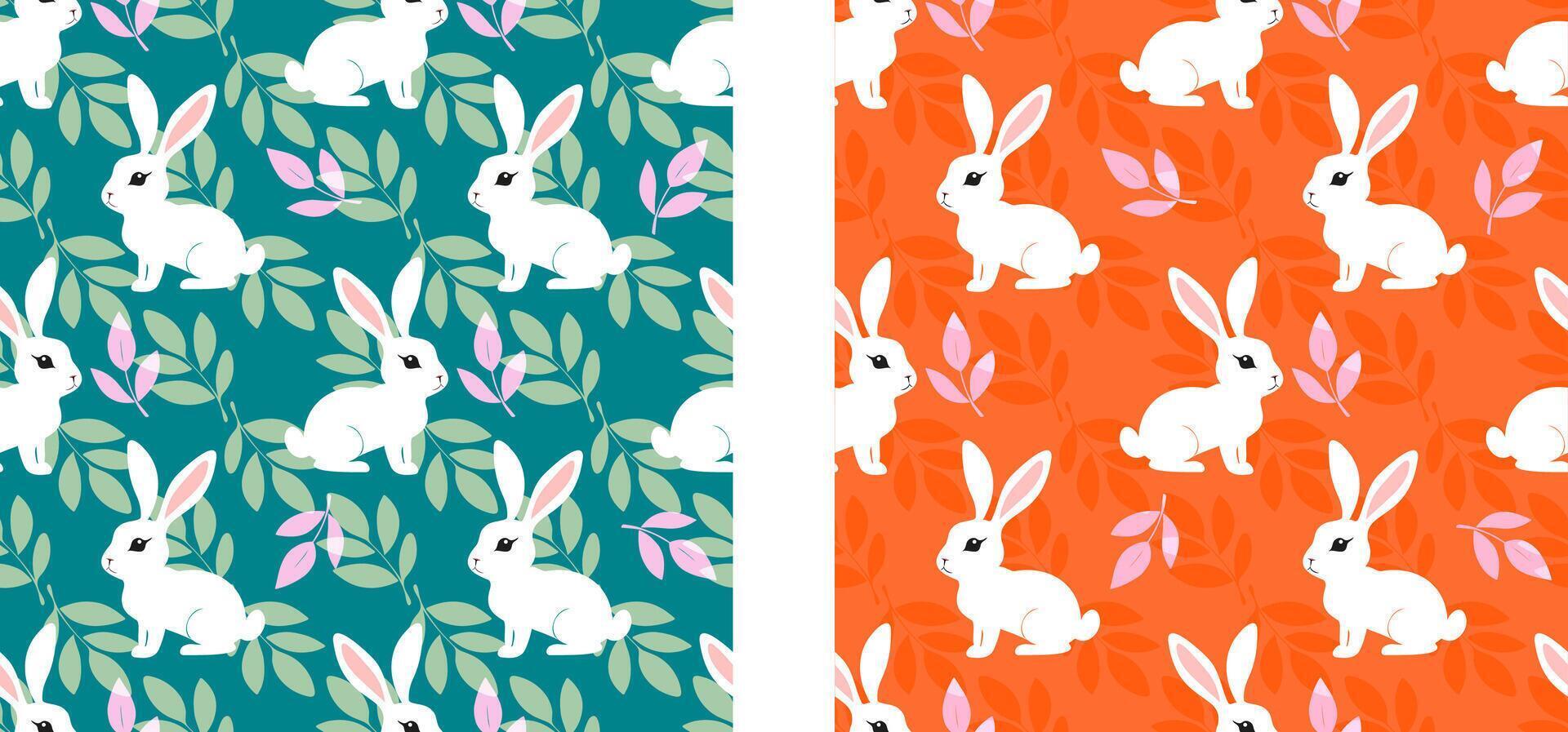 deux différent coloré lapin motifs. un est bleu et le autre est orange. le bleu un a une plus Naturel Regardez avec feuilles et le Orange un a une plus caricatural Regardez vecteur