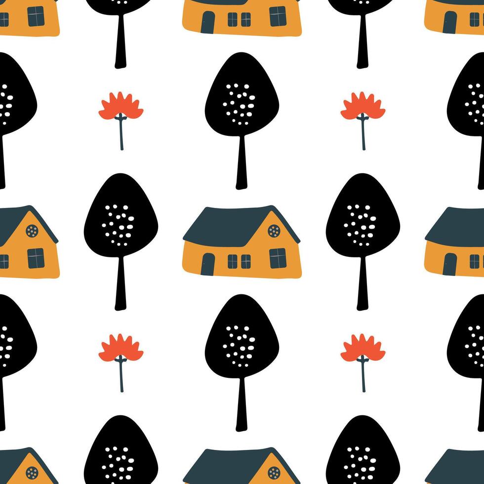 une modèle de Maisons et des arbres est montré dans une noir et blanc Couleur schème. le image a une capricieux et espiègle ressentir à il, avec le Maisons vecteur