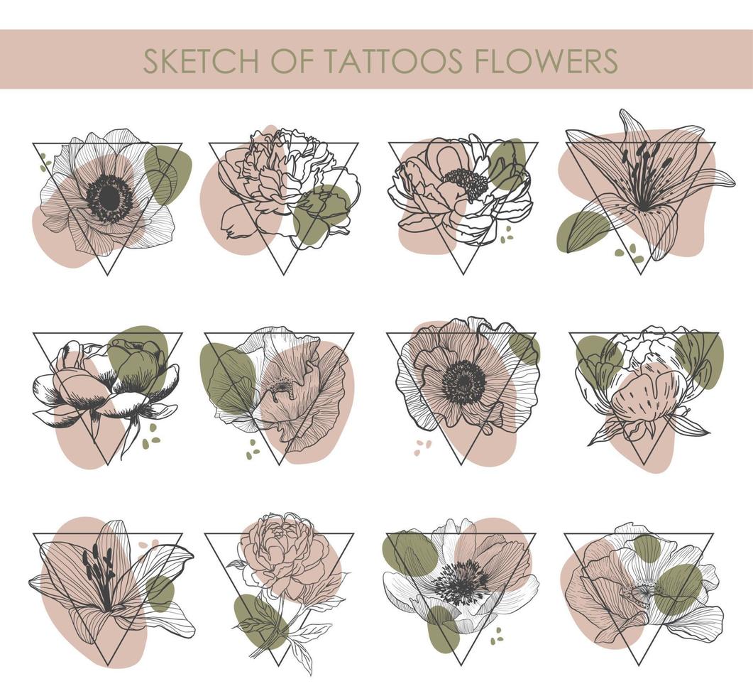 croquis d'éléments vectoriels de tatouages de fleurs. vecteur