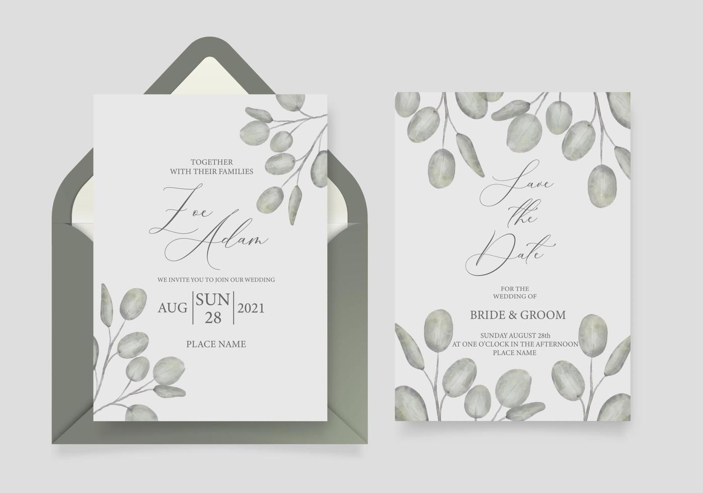 modèle de carte d'invitation de mariage, avec eucalyptus aquarelle, feuilles vertes, brunchs et calligraphie à la main. vecteur