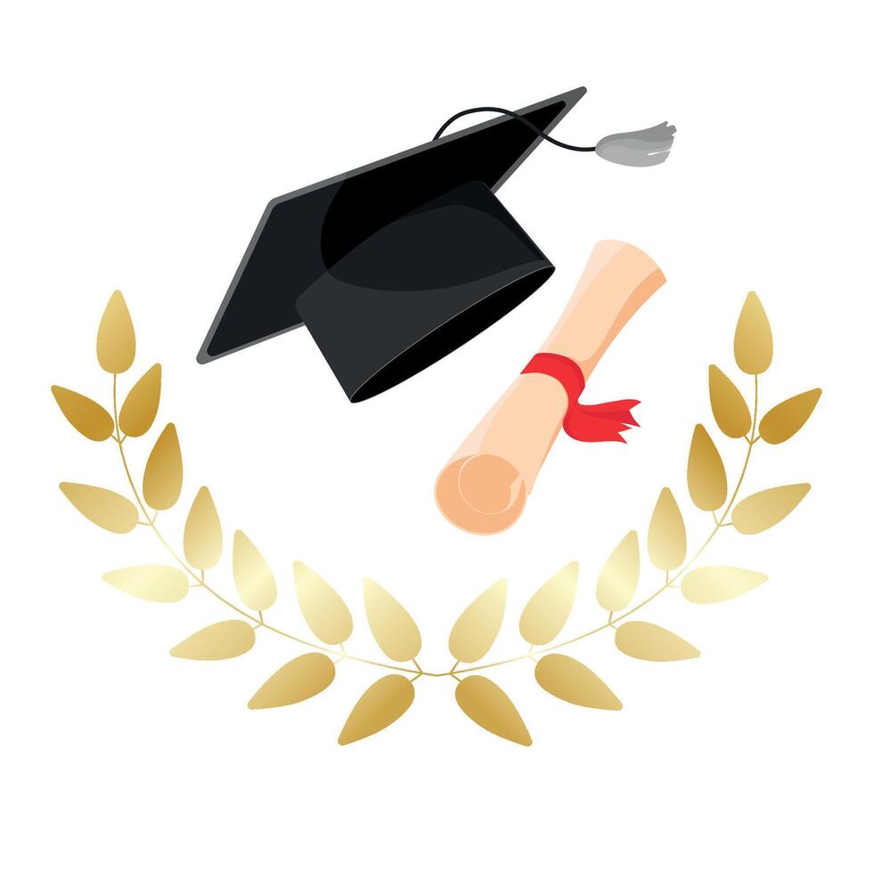 l'obtention du diplôme casquette avec papier faire défiler diplôme dans une d'or laurier couronne vecteur isolé sur blanc contexte.académicien l'obtention du diplôme chapeau avec gland icône. éducation concept.emblème, logo, conception élément