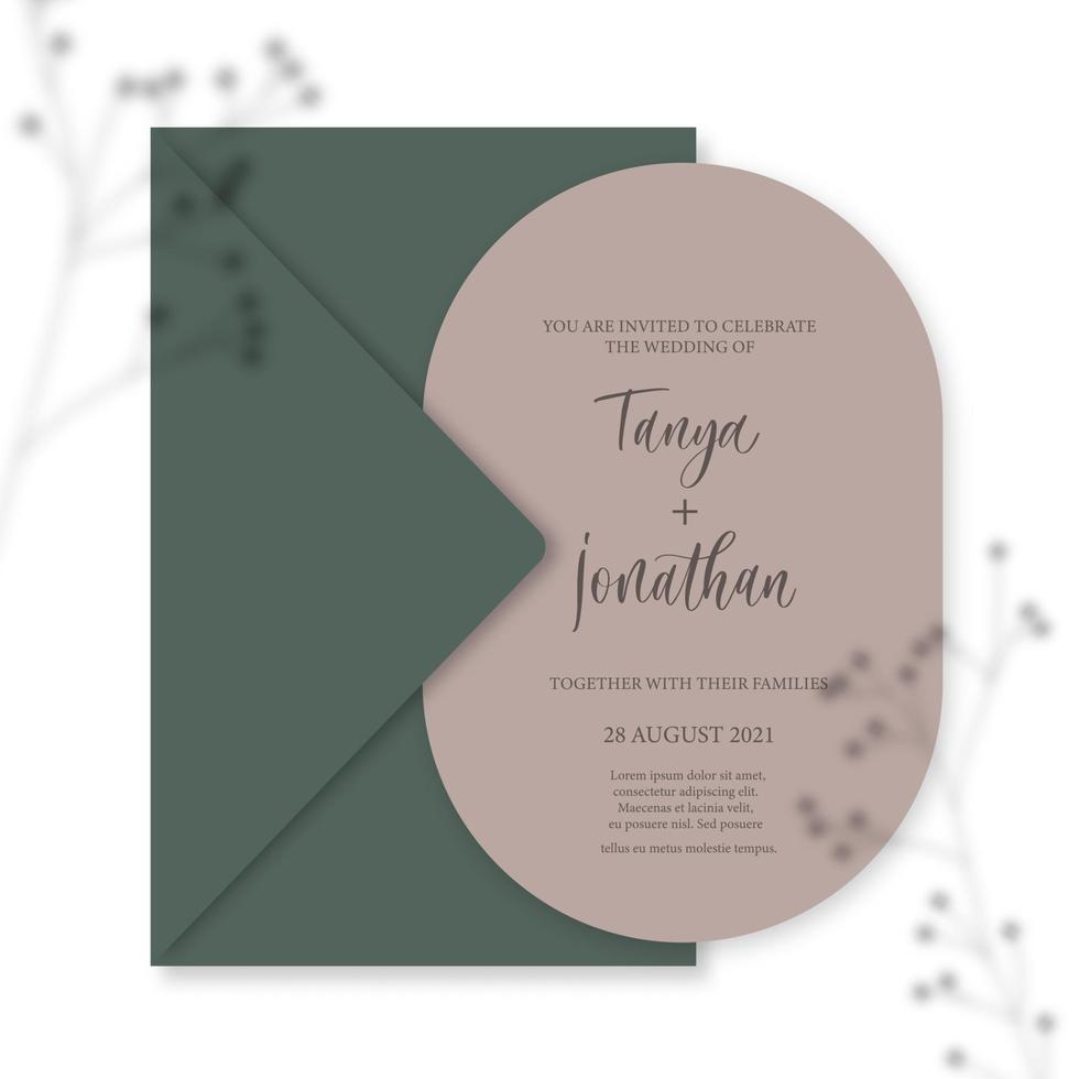 invitation de mariage moderne, modèle d'invitation de mariage vert brûlé, forme d'arc avec ombre de gypsophile et calligraphie à la main. vecteur