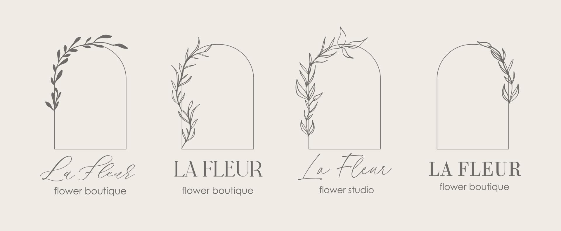 modèle de conception de logo et concept de monogramme dans un style linéaire branché avec arc - cadre floral avec espace de copie pour le texte ou la lettre - emblème pour la mode, la beauté et les bijoux, invitation de mariage, socia. vecteur