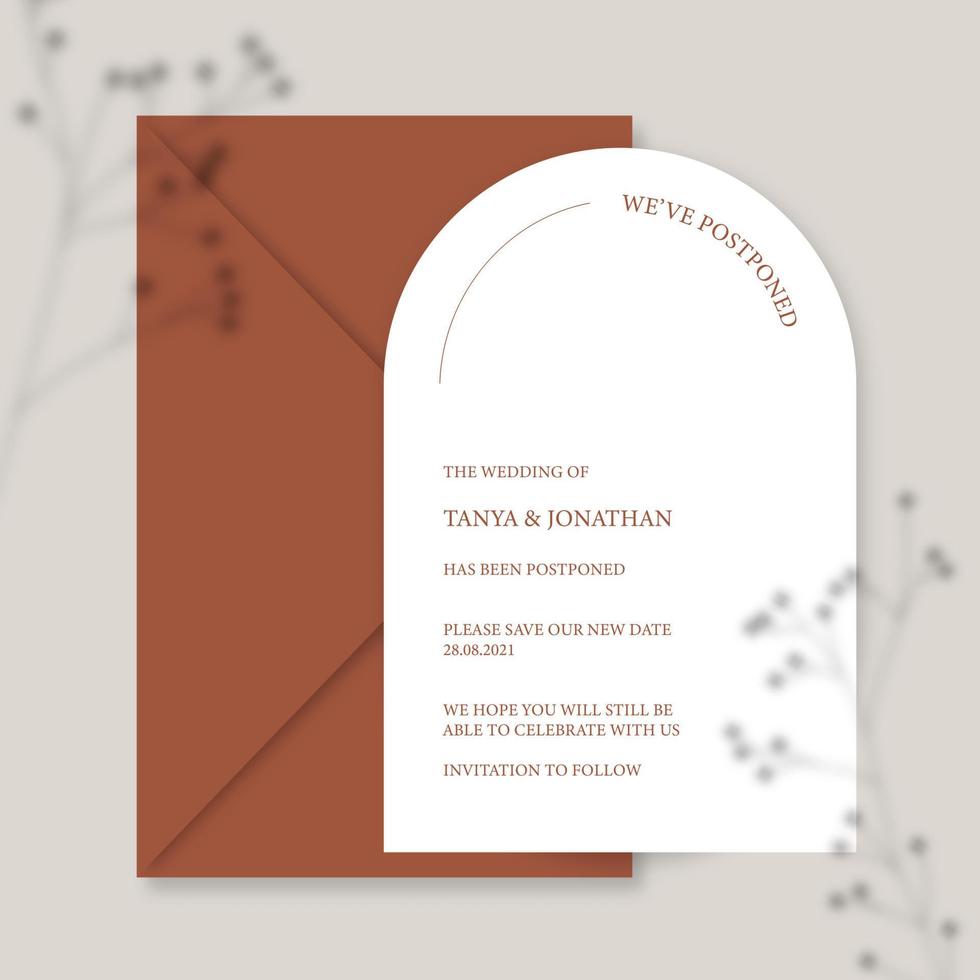 invitation de mariage moderne, modèle d'invitation de mariage orange brûlé, forme d'arc avec ombre de gypsophile et calligraphie à la main. vecteur