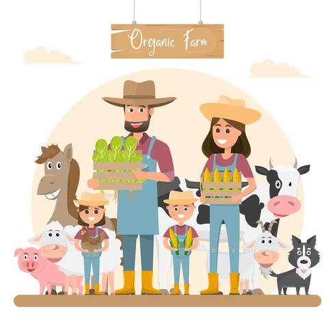personnage de dessin animé famille paysan avec des animaux dans une ferme rurale biologique. vecteur