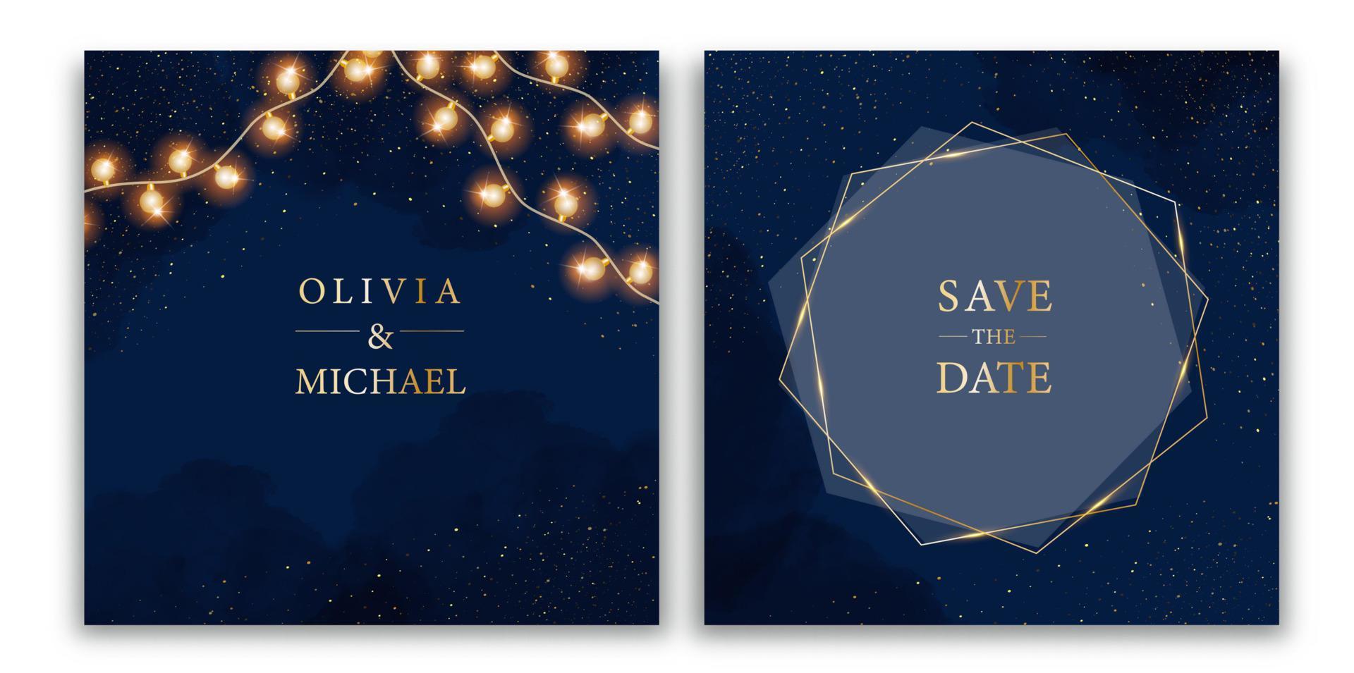 invitation de mariage de vecteur en forme de diamant. Cartes bleu foncé de nuit magique avec bokeh scintillant scintillant. poussière dorée dispersée.