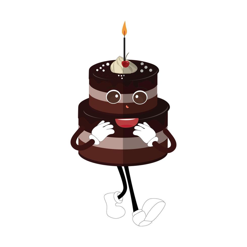 mignonne sucré anniversaire gâteau dessin animé personnage conception, ancien personnage dessin animé anniversaire gâteau, rétro autocollant de content Chocolat gâteau avec bougies vecteur