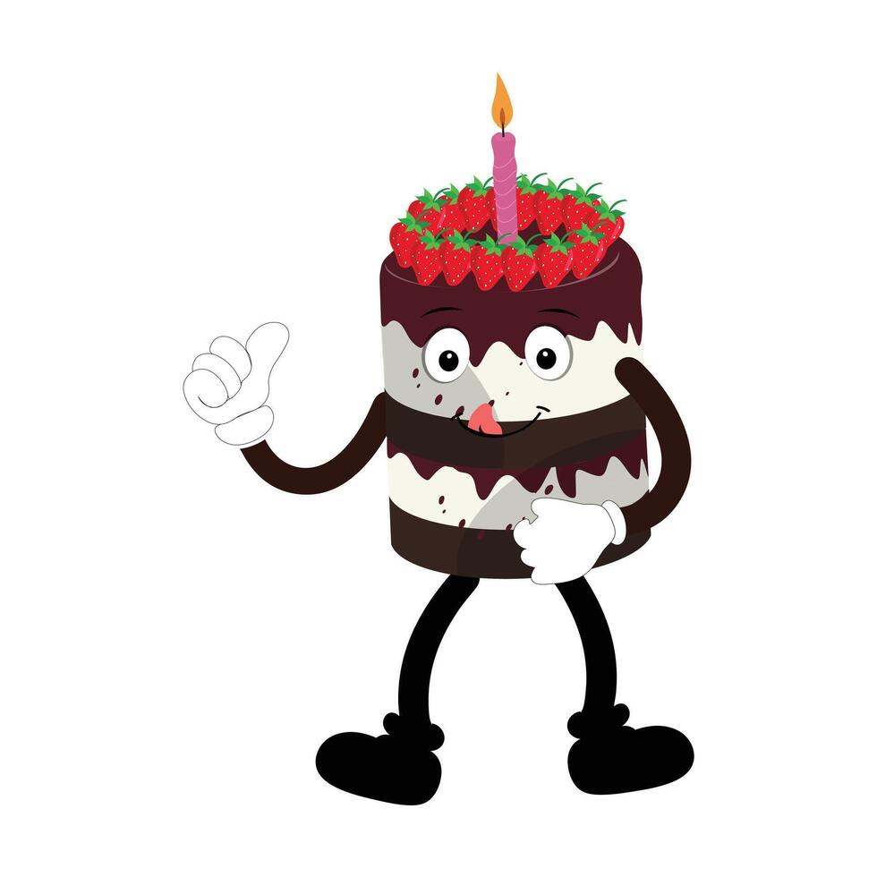mignonne sucré anniversaire gâteau dessin animé personnage conception, ancien personnage dessin animé anniversaire gâteau, rétro autocollant de content Chocolat gâteau avec bougies vecteur
