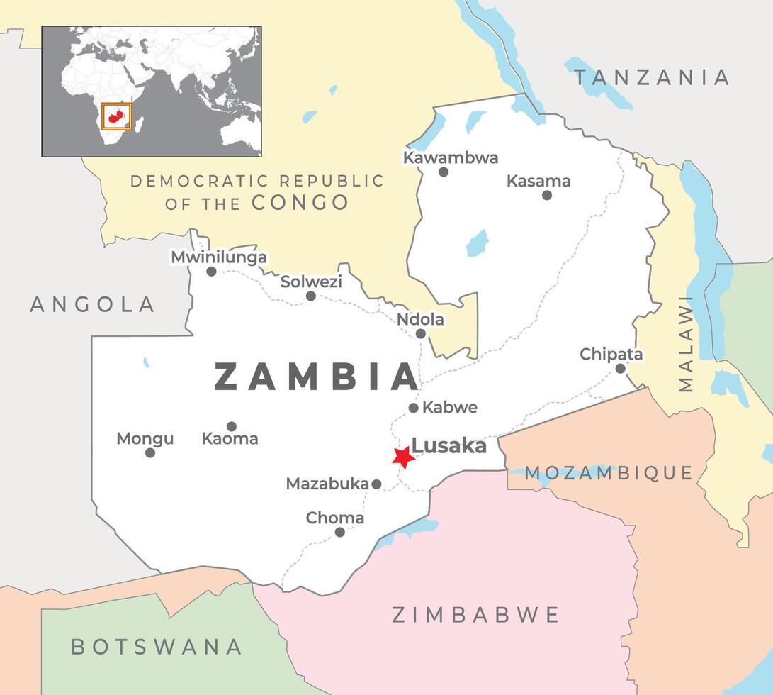 Zambie politique carte avec Capitale Lusaka, plus important villes avec nationale les frontières vecteur