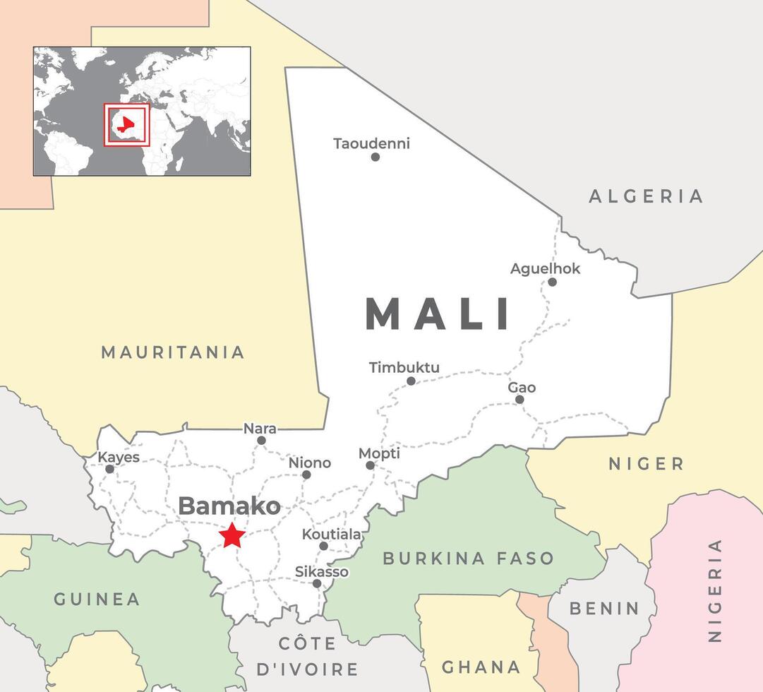 mali politique carte avec Capitale Bamako, plus important villes avec nationale les frontières vecteur