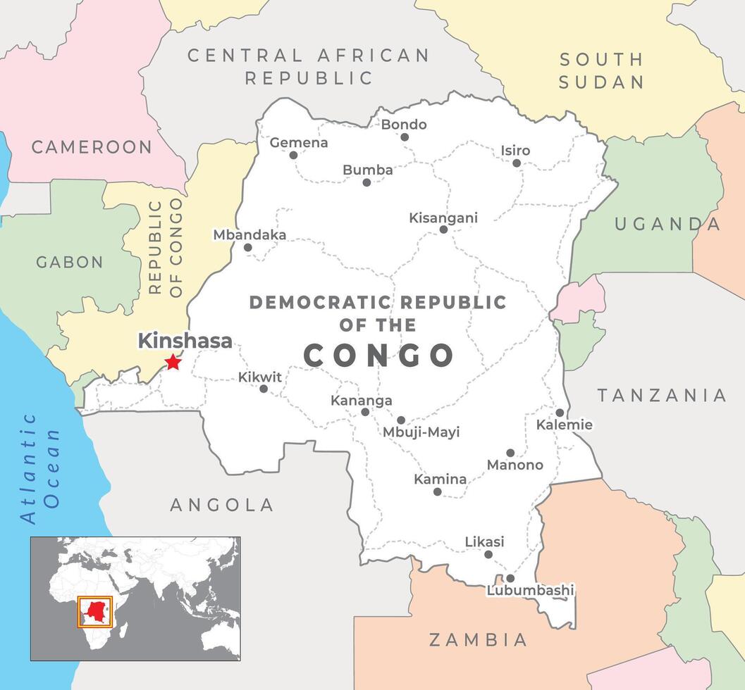 Congo démocratique république politique carte avec Capitale kinshasa, plus important villes avec nationale les frontières vecteur