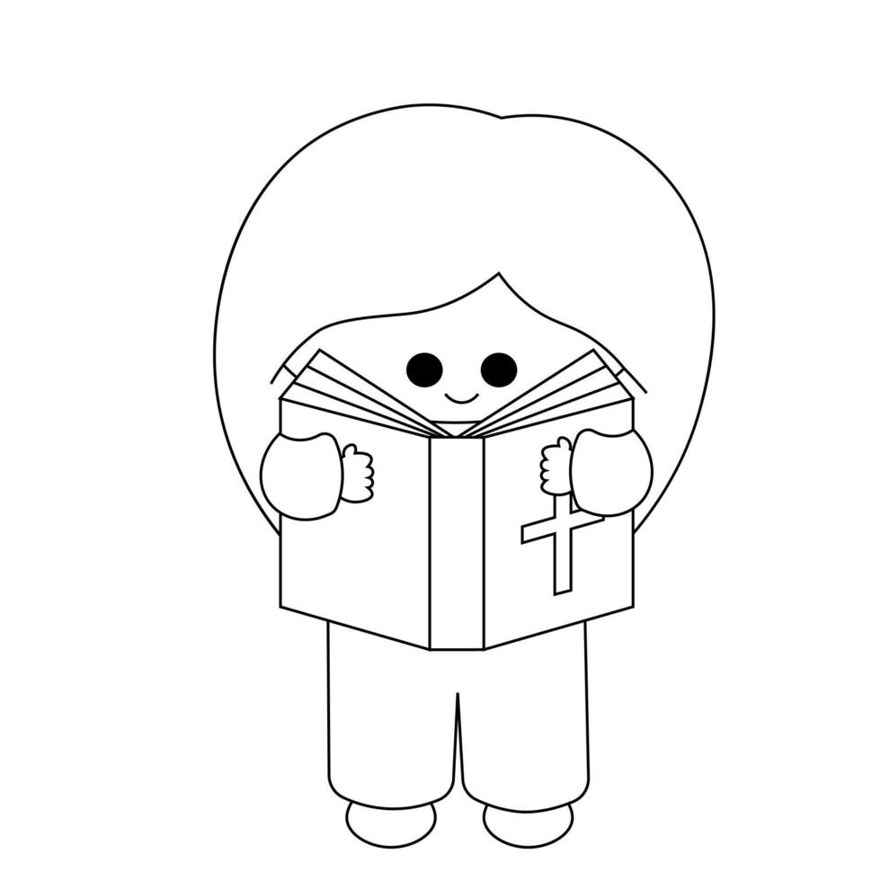 mignonne dessin animé fille lis Bible dans noir et blanc vecteur