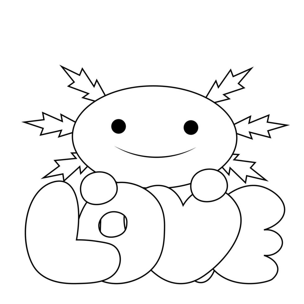 mignonne dessin animé axolotl avec mot l'amour dans noir et blanc vecteur